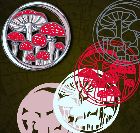 Mushrooms (round) - Layered Laser Cut Wood Art